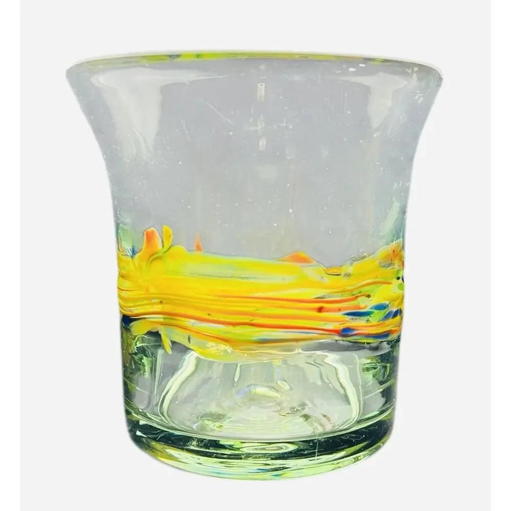 Mexican Hand Blown Glass Tumbler Yellow/Orange/Blue Swirl Spiral 4